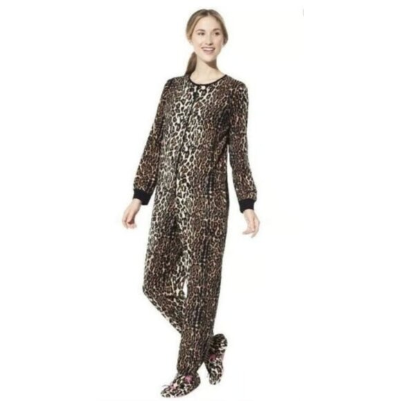 Nick & Nora Womens Leopard Print Fleece Footed Sleep Onesie Size Small - Picture 1 of 7